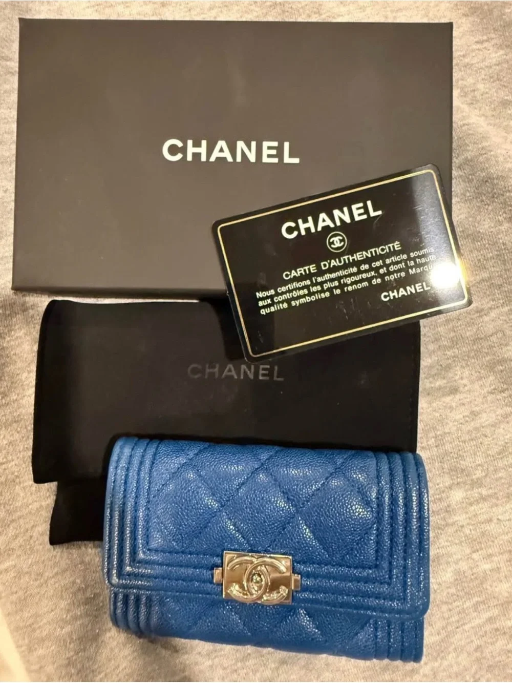 CHANEL Blue Quilted Leather Boy Wallet